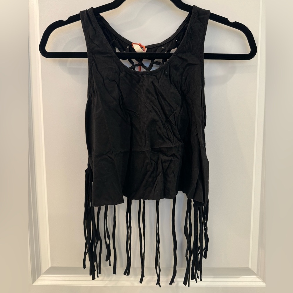 Raga Brand black fringe tank top with back criss cross design.
